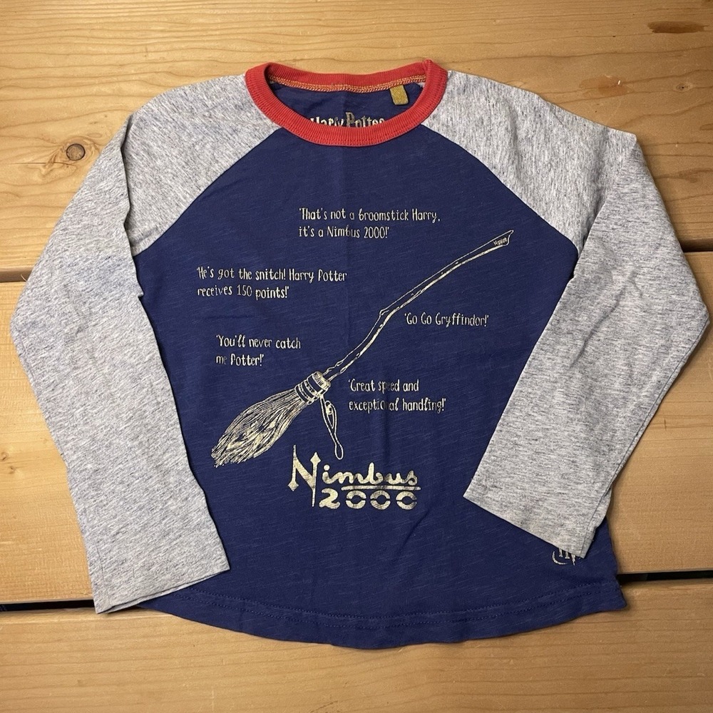 Mini Boden Harry Potter Broom Nimbus Shirt - size 5-6 Blue Gray Gold Long Sleeve